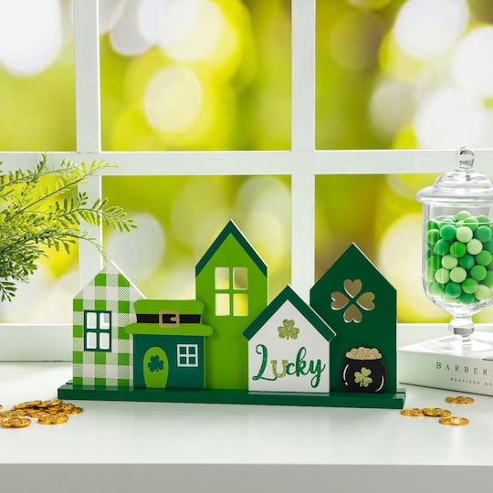 Glitzhome® 16" St. Patrick's Wooden Lucky House Table Décor